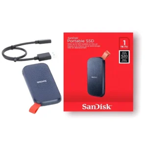 SSD externe SanDisk 1TB offrant un stockage rapide et sécurisé pour fichiers et données.
