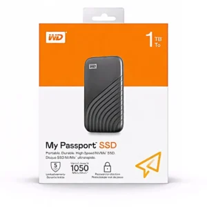 Disque dur externe WD My Passport 1TB portable pour sauvegarde et stockage de fichiers.